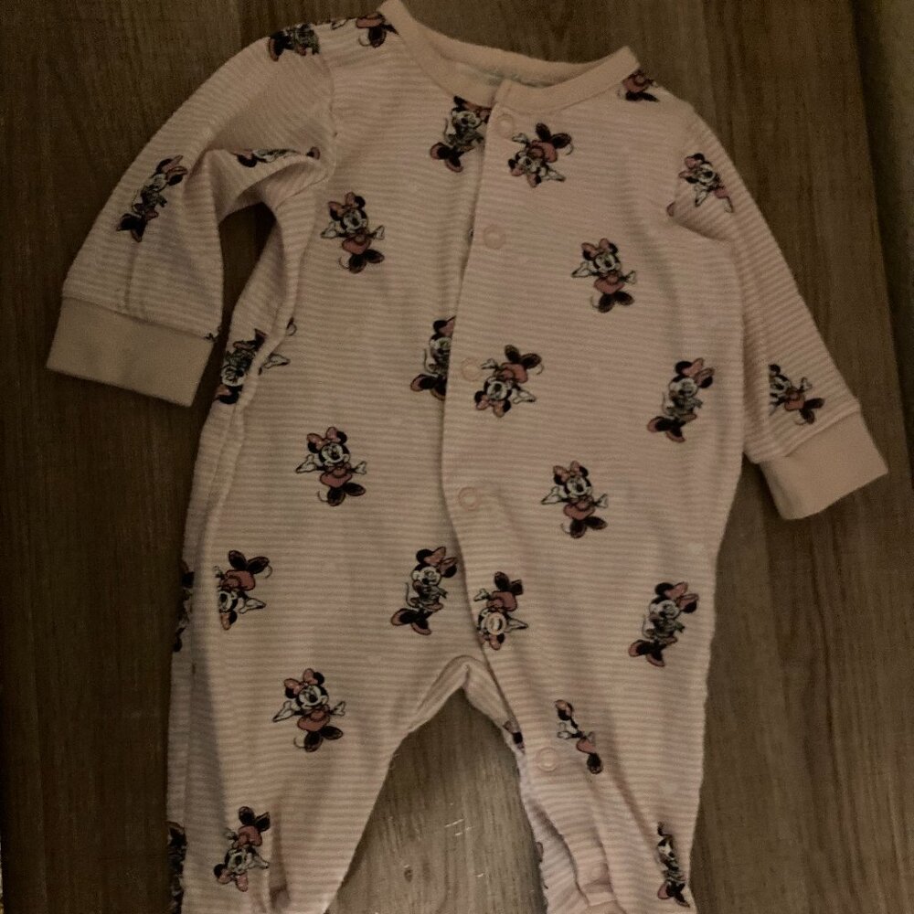 Disney Minnie Mouse Romper Estimated Size 0-3 Months Pink and White Striped Snap